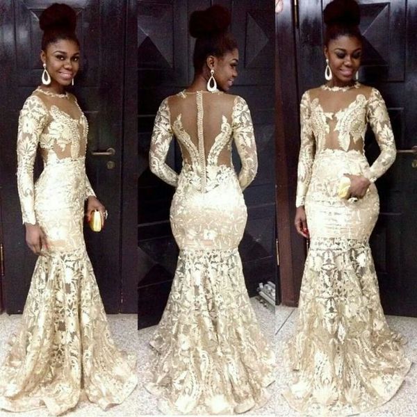 

south african style evening dresses lace sheer neck long sleeve mermaid prom dresses for woman plus size formal party dresses, Black