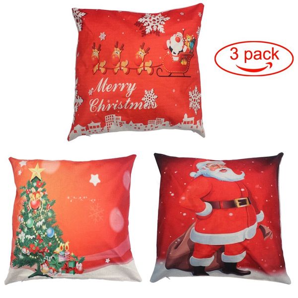 Merry Christmas Throw Pillow Cover 3 Pack Federa in cotone e lino Federa per cuscino decorativa per auto domestica Rosso 18 