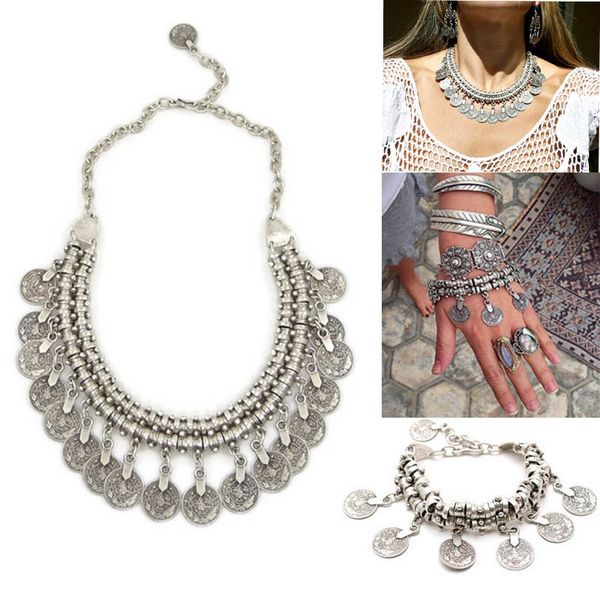 Colar Bohemian Gypsy Love Affair Conjunto de Pulseira Antalya Moeda de Prata Gargantilha Babete Declaração Franja Turco Boho India Festival