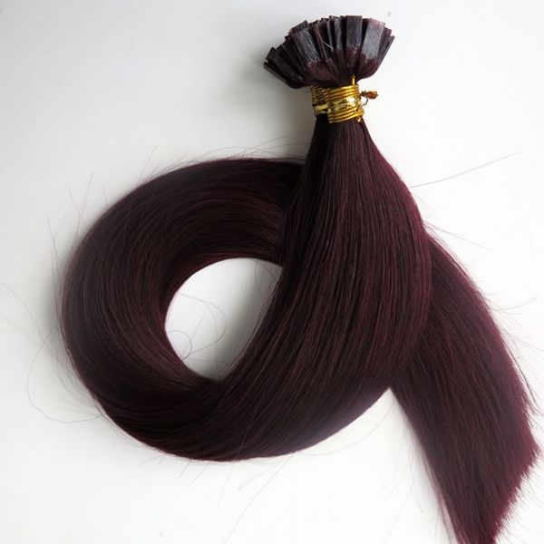 100 fili = 1 set 100 g estensioni dei capelli a punta piatta pre incollate 18 20 22 24 pollici # 99J / vino rosso capelli umani alla cheratina indiana brasiliana