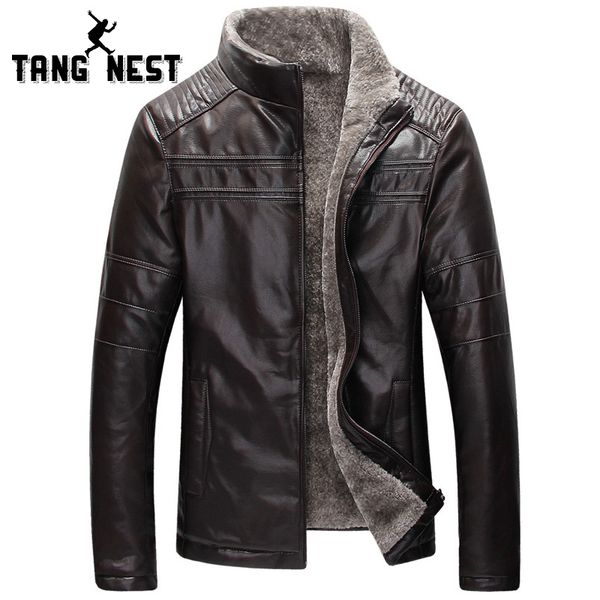 

wholesale- tangnest winter warm 2017 new design fashion fur inside pu leather jacket thick 4 colors men's leather jacket mwp359, Black