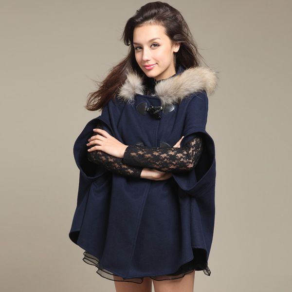 Wholesale-2015 inverno nova moda mulher vintage com capuz azul cashmere casaco capa real colarinho de pele de lã casaco casaco mulheres meninas