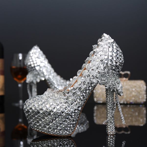 

fashion silver woman platform shoes crystal high heels shoes beautiful rhinestone round toe lady's party proms plus size 34 - 43, Black