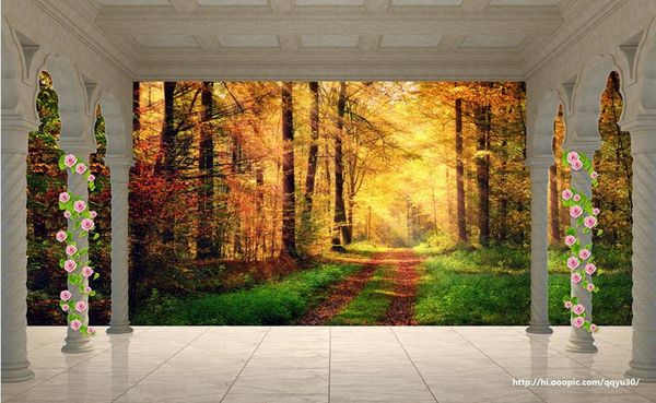 

3d landscape wallpaper pillar balcony autumn woods landscape wallpaper bathroom