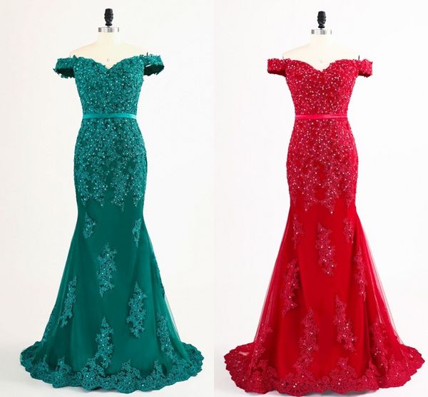 Modern Fora do ombro Red Teal Evening Prom Dress Mermaid 2020 Applique frisada Lace Corset Voltar Longo baratos Formal Real Photo vestidos de festa