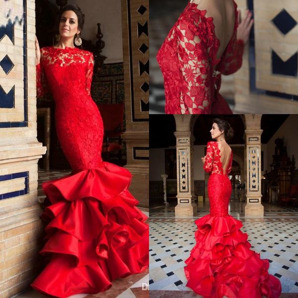 

2020 red mermaid backless evening dresses wear lace backless tiered ruffles bateau illusion sweep train prom dress party gowns custom, Black;red