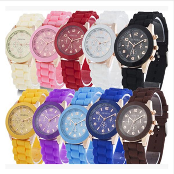 

2017 colorful sports silicone jelly watches candy color geneva watch women men analog quartz wristwatches, Slivery;brown