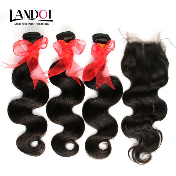 Onda de corpo de cabelo virgem russa com fecho 7a não transformado cabelo humano tecer 3bundles e 1 pcs top lace fecho natural preto remy extensões