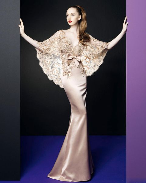 

champagne lace mermaide prom dress with lace bolero natural waist floor length satin zuhair murad eevning dresses, Black;red