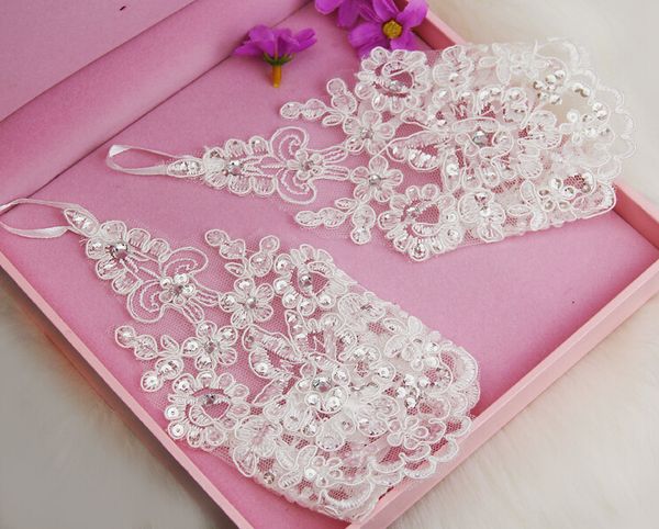 

new arrival in stock lace appliques beads fingerless wrist length with ribbon bridal gloves wedding accessories, White