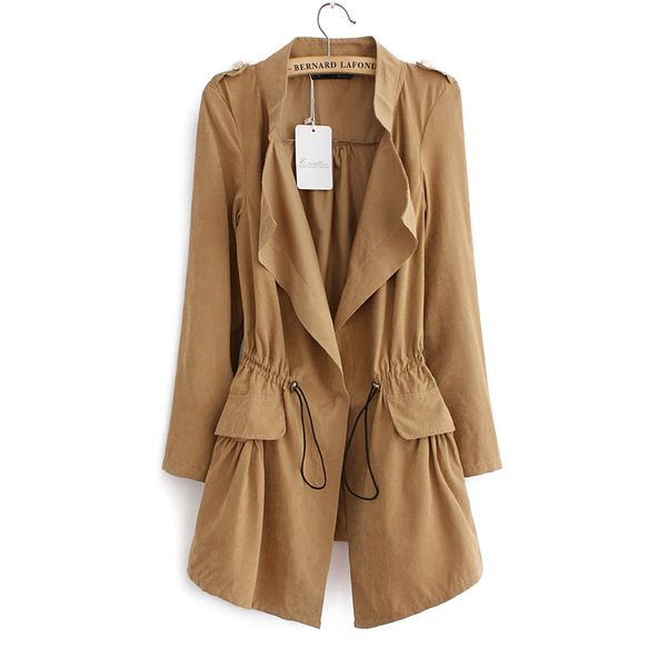 

wholesale-women autumn office long trench plus size full sleeve drawstring waist coats casaco feminine casual streetwear ct1089, Tan;black