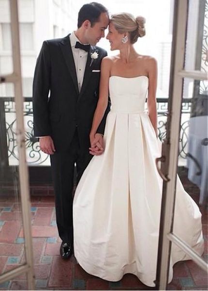 

2019 simple wedding dresses strapless satin sweep train classic design bridal gowns lace up back custom made w2003, White