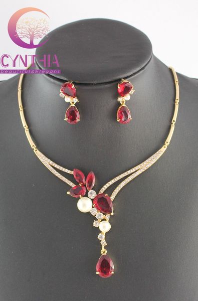 

fashion white pearl ruby/black/sapphire garnet gold plated crystal necklace earrings wedding party jewelry set, Slivery;golden