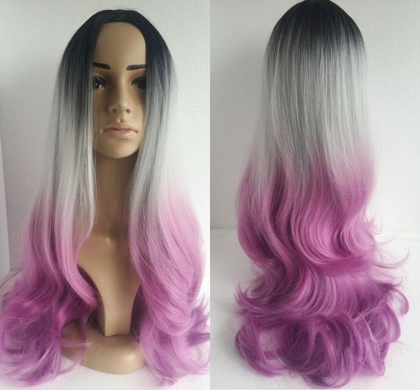 Ombre Grey Bodywave Synthetic Wig Glueless Long Natural Black Silver Grey Purple Heat Resistant Hair Wigs New No Lace Wigs Lace Front Wigs With Bangs