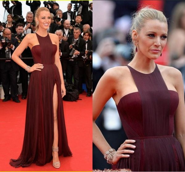 Yeni Tasarım Blake Lively Kırmızı Halı Elbiseleri Ünlü Elbise Çekici Halter A-line Kat Uzunluk Yan Bölünmüş Şifon Balo Abiye