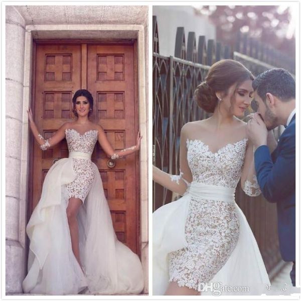 

illusion lace wedding dresses covered skirts tulle detachable bridal dresses long sleeves spring beach wedding gowns, White