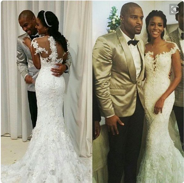 

sparking beaded lace mermaid wedding dresses 2016 illusion see through bridal dresses vestidos off the shoulder romantic wedding gowns, White