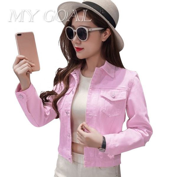 

wholesale- 2017 new denim jacket women short jeans overcoat ladies jackets turn down collar slim white blue pink jeans for women, Black;brown