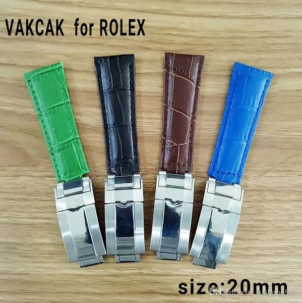 

20 мм ремешок высокого качества для rolex sub / gmt из натуральной кожи с прочным ремешком для часов с серебряной оригинальной стальной пряж, Black;brown