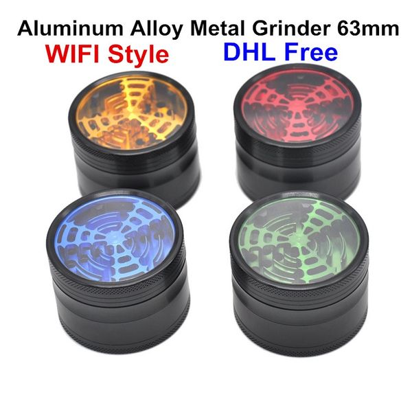 

New Aluminum Alloy Metal Grinder 63mm 4 Layer Parts WIFI Style Top Transparent Herb Smoking Tobacco Grinder Spice Crusher Mullers DHL