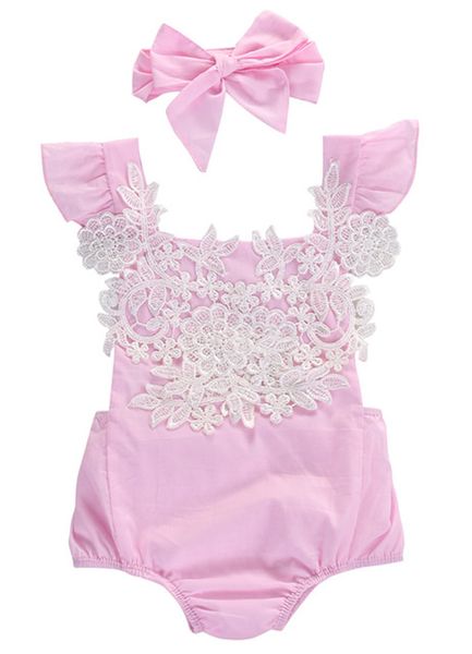 Sommer Baby Mädchen Strampler Kurzarm Rosa Baby Mädchen Spitze Blumen Strampler Overall Stirnband Baby Mädchen Kleidung Kinder Kleidung 0-18 Monate