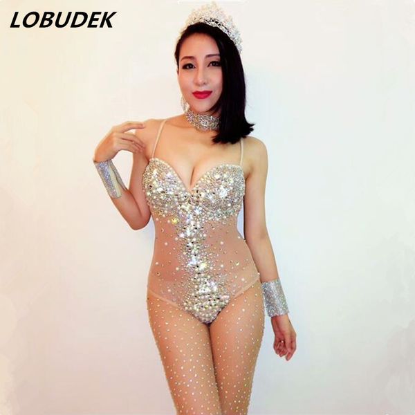 Cheia de Diamante Sexy Sem Encosto Bodysuit Sparkly Strass Collant Jumpsuit Boate Cantor Dançarino Stage Performance Trajes DJ DS Show Wears