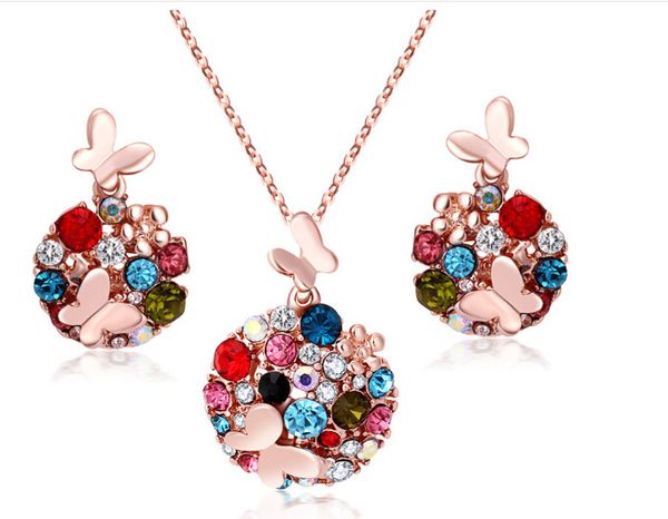

18k gold silver plated crystal african fashion costume jewelry sets for women butterfly necklace earrings sets xy