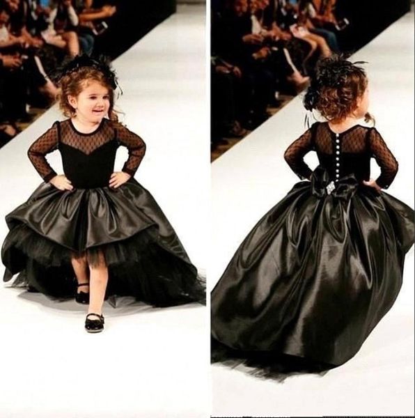 Black Little Girls Pageant Dresses Crew Neck Long Sleeves Hi Lo