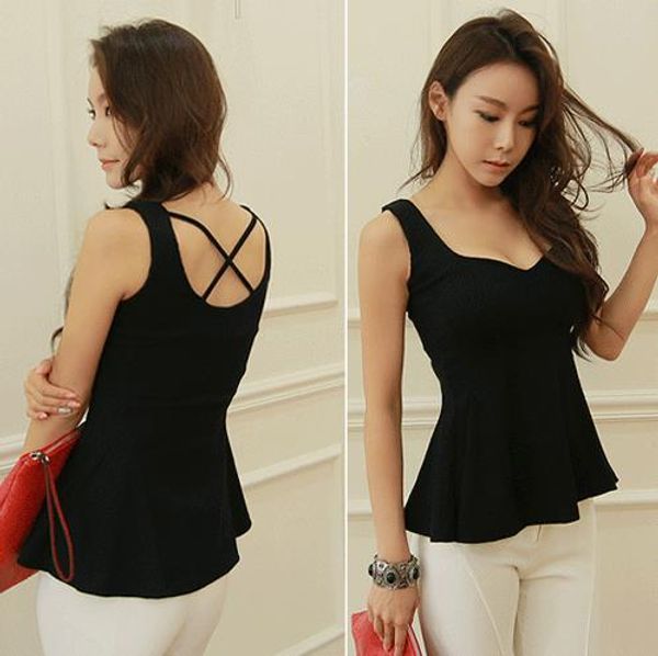 

women's summer cotton v neck ruffletank black sleeveless solid patchwork back cross t shirt, White