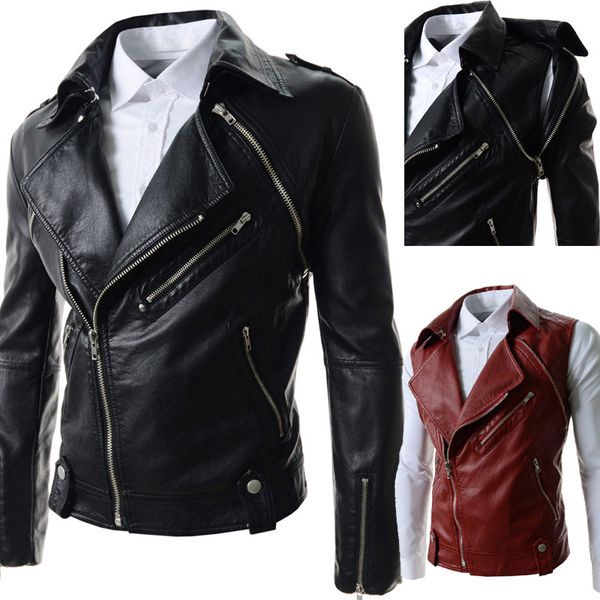 

fall-leather jacket men 2015 jaquetas de couro detachable sleeve pu mens jackets and coats black red fashion men's motorcycle coat