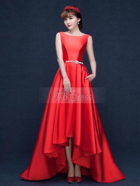 

2016 fashion new arrival charming a-line scoop beaded sleeveless lace-up asymmetry satin evening dresses 1020, Black;red