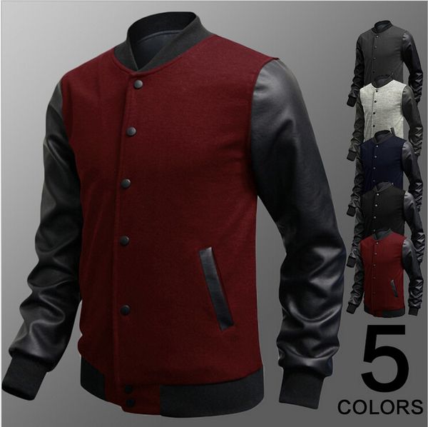 

fall-2015 sweater pu leather collar sweater personalized baseball stitching clothes man jacket, Black;brown