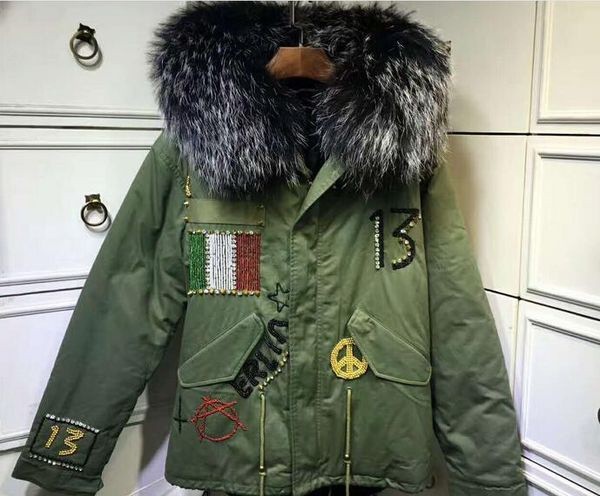 

black fur trim meifeng brand rabbit fur lining army green mini parka france flag beading furs cold snow jackets