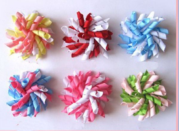 

children's curly ribbon hair bows clips flowers corker barrettes 3.5 cm korker hair bobbles side clip hair accessories kids pd007, Slivery;white