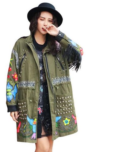 

hip hop women brand army green rivets graffiti patchwork tassel loose windbreaker jacket coat female outerwear, Tan;black