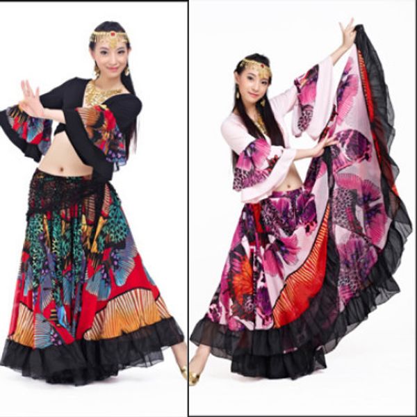 

wholesale-720 degree printed bellydance tribal maxi belly dance gypsy costume clothes women long gypsy skirts, Black;red
