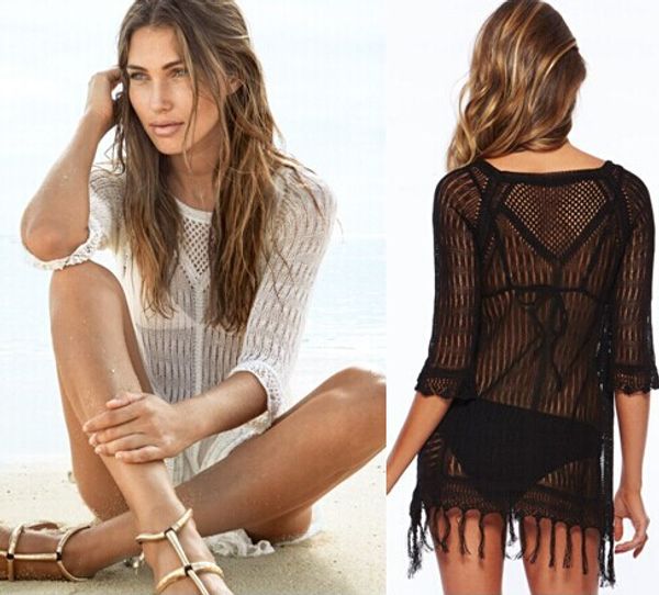 

2015 new women beach cover up swimwear with tassels summer beach crochet hollow out beach dresses women beach wear lx, Black;gray