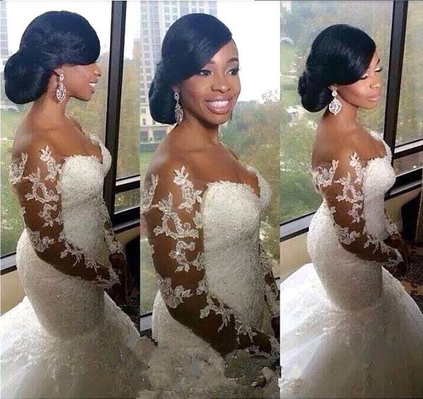 

Длинные рукава Пышное кружево Свадебные платья Русалка Прозрачные аппликации Пл