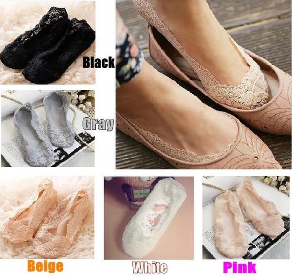 

100x lace womensocks 5 colors women lace socks slippers summer boat socks soft ship socks invisible antislip sock slippers, Black;white