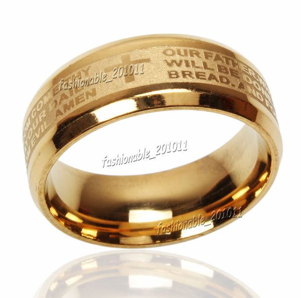 

stainless steel etched english lord's prayer cross wedding gold band ring size 6-14 new, Slivery;golden