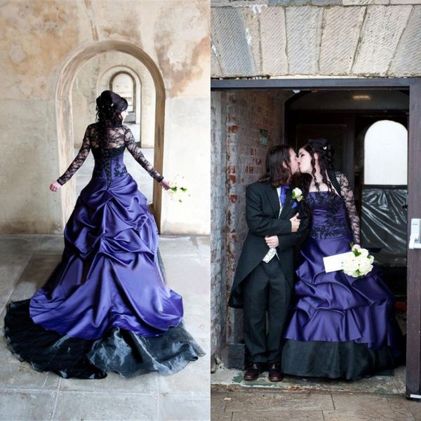

2016 black and royal blue gothic wedding dresses long sleeve jacket ruched corset a-line lace and satin halloween masquerade formal gowns, White