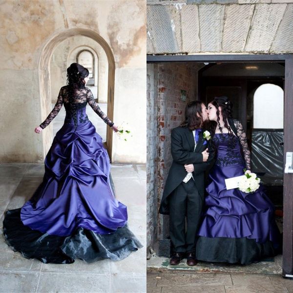 2016 preto e azul royal gótico vestidos de casamento de manga comprida jaqueta ruched espartilho a linha rendas e cetim halloween masquerade formal vestidos