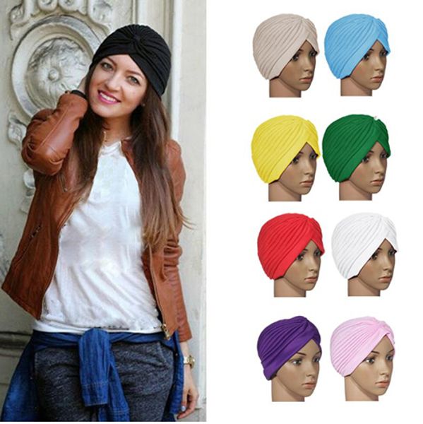 2015 vendita calda elastico turbante testa avvolgente fascia sonno cappello chemio bandana hijab pieghettato berretto indiano 9 colori prezzo di fabbrica 10 pz / lotto