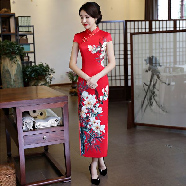 

Shanghai Story Поддельный Silk Qipao платье Длинное Cheongsam национальная тенденция платья с ко