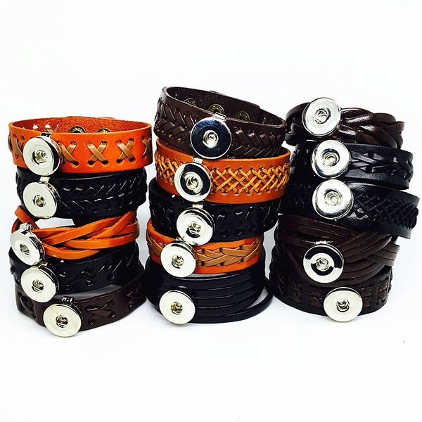 

wholesale 10pcs mix styles mens womens black brown retro 18MM snaps leather cuff bracelets snap charms jewelry