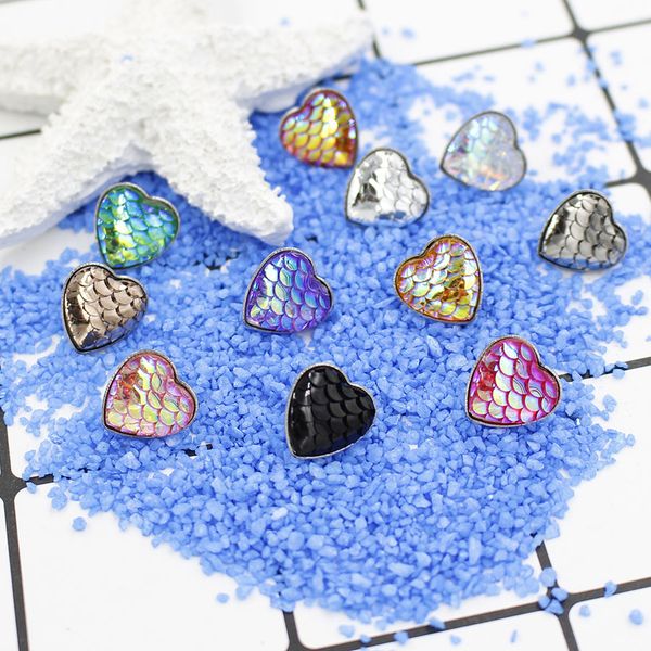 

fashion stainless steel love heart druzy drusy resin mermaid fish scale pattern women heart cabochon stud earrings, Golden;silver
