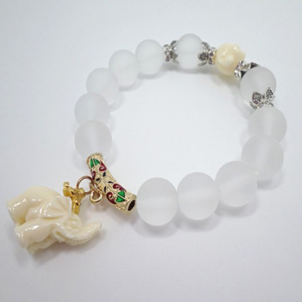 

fashion natural frosted crystal bracelet little elephant pendant 12mm stone beaded bracelets women bangle jewelry, Black