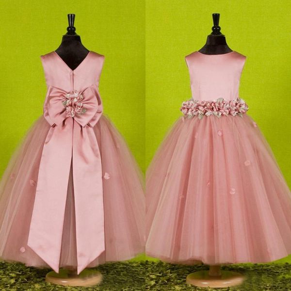 

real sample girls pageant dresses dusky pink flower girl' dress jewel neck sleeveless handmade flowers petals and oversize bow, White;blue
