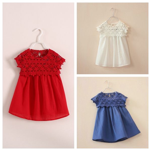 

embroidery floral lace crochet dress girls floral hollow out lace dress floral crochet lace short sleeve dress girl in stock, Red;yellow