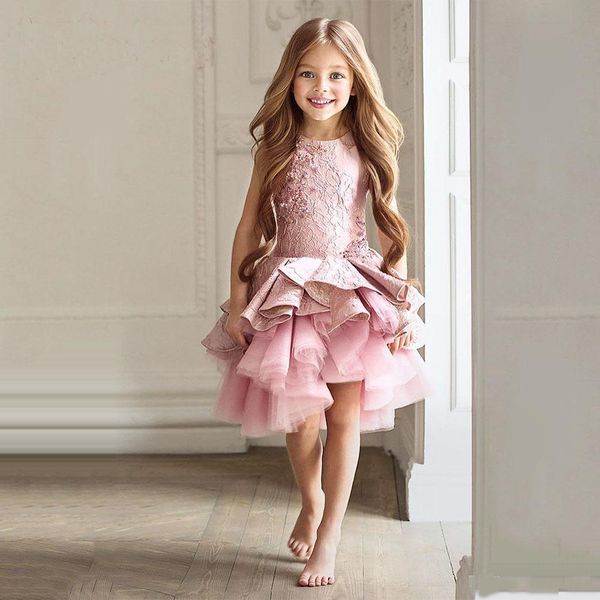 

Gorgeous Pink Toddler Flower Girl Dresses Knee Length Pageant Prom Party Gowns Sleeves Beads Kid Formal Communion Dress